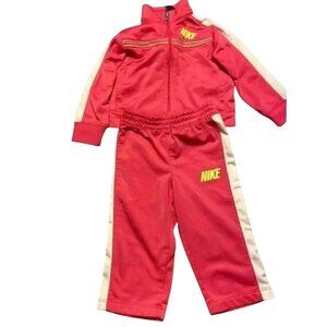 Nike Baby Girls Red Athletic Tracksuit Set With White Stripes 12M Jacket & Pants